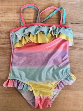 Girls' Rainbow Stripe Ruffle One-Piece Swimsuit - Multicolor